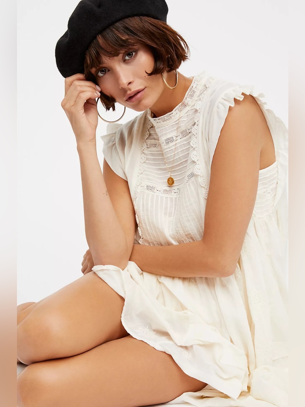 Free People Cream Smocked Sleeveless Coquette Dress Small